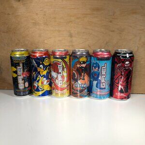 Lot of 6 G Fuel Limited Edition Energy Drink Cans Pacman Sonic Naruto Mega Man